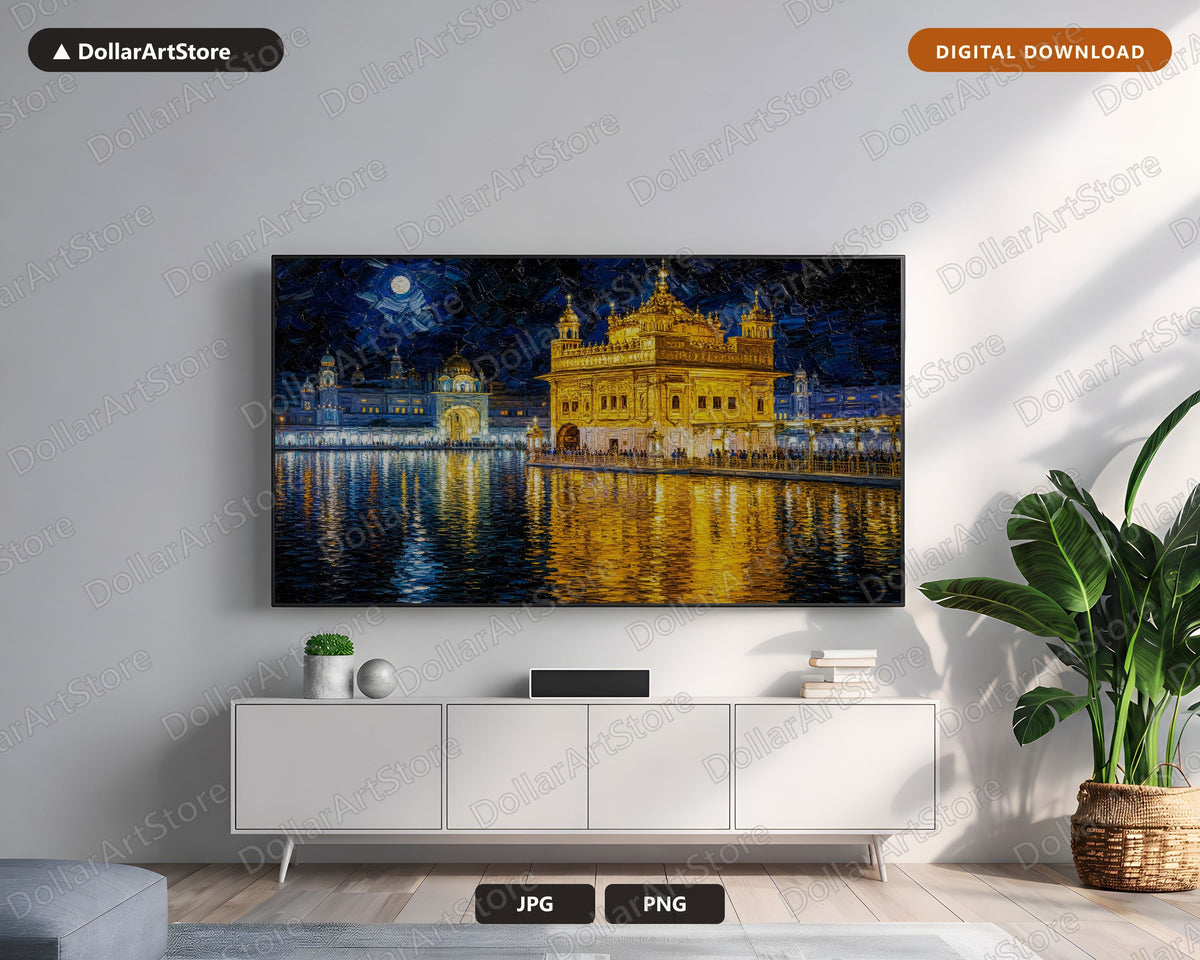 Golden Temple Night Frame TV Art, Cozy Scenery Samsung Digital Download, 4K Textured Waterfront TV Art