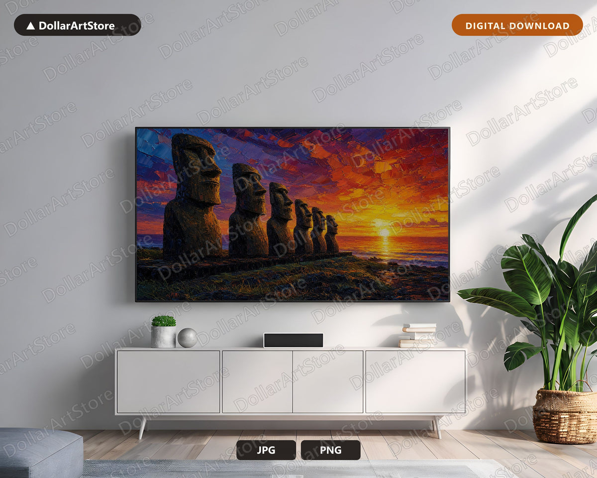 Easter Island Moai Sunset Frame TV Art, Samsung 4K Digital Download, Scenic Landscape Screensaver