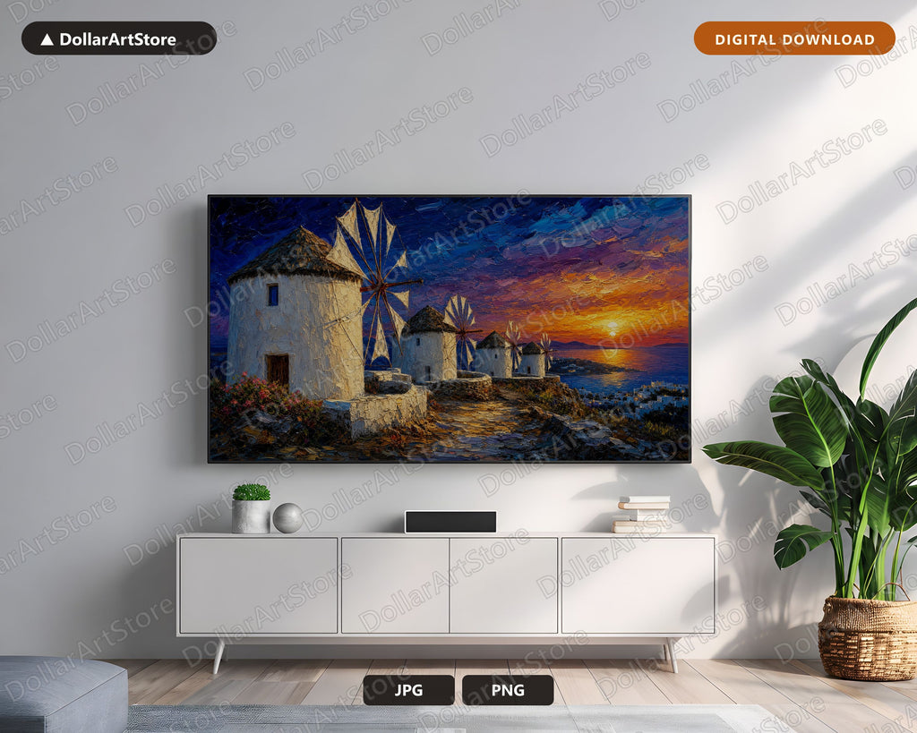 Cozy Mykonos Windmills Frame TV Art, Samsung Frame Digital Download, 4K Sunset Scenery