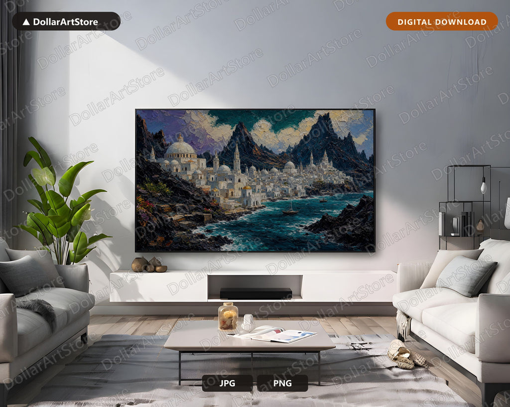  Fantasy Coastal Town Textured Frame TV Art