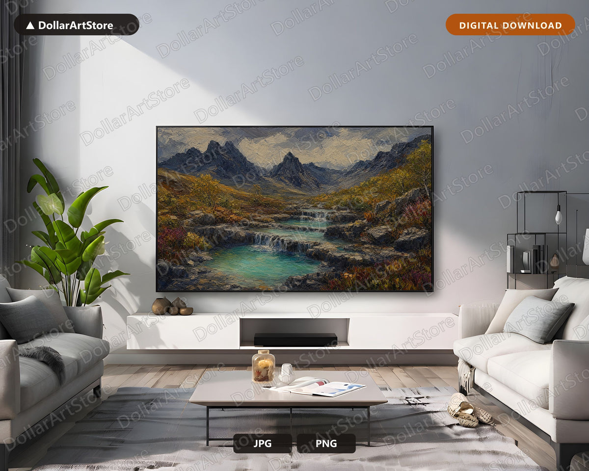 Cozy Textured Mountain Landscape Frame TV Art, Scenic Waterfall Valley Samsung Frame TV Download