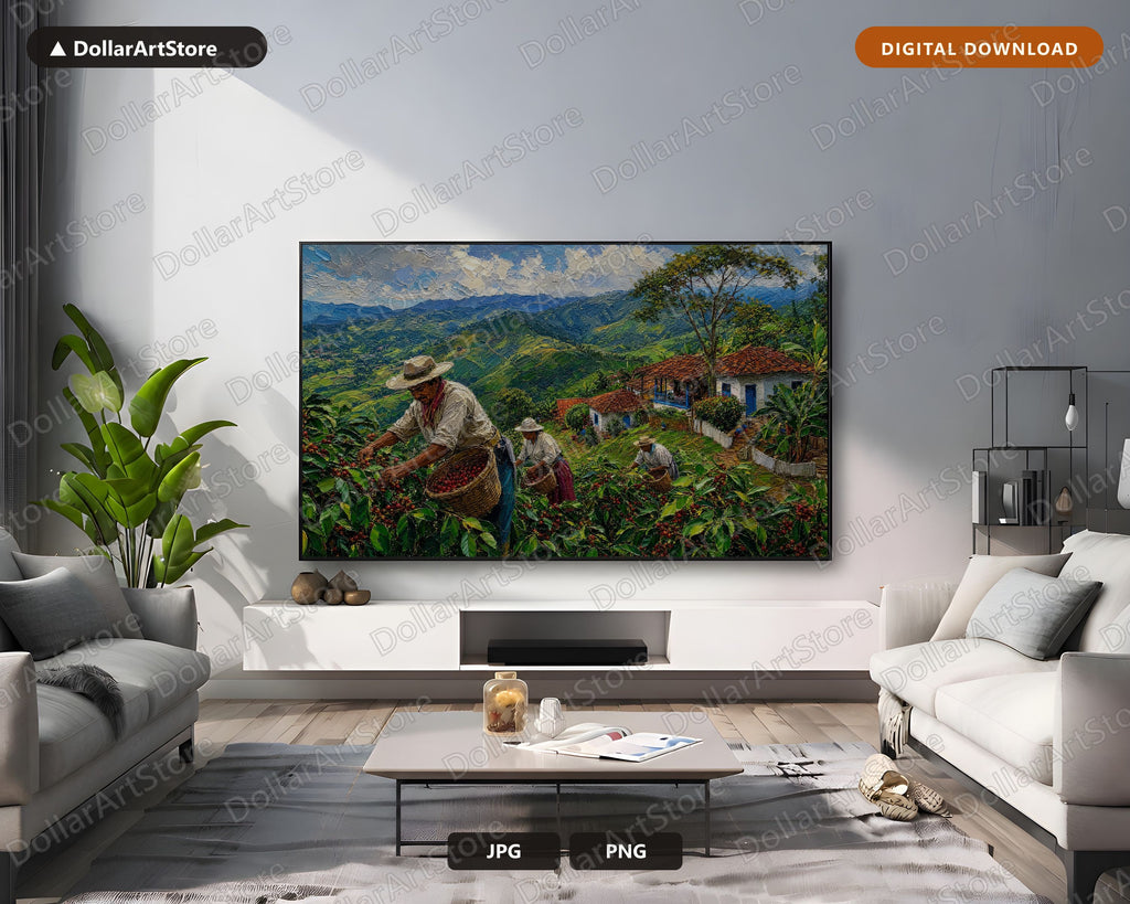 Cozy Mountain Coffee Farm Frame TV Art, Samsung Frame Digital Download, 4K Textured Harvest Landscape
