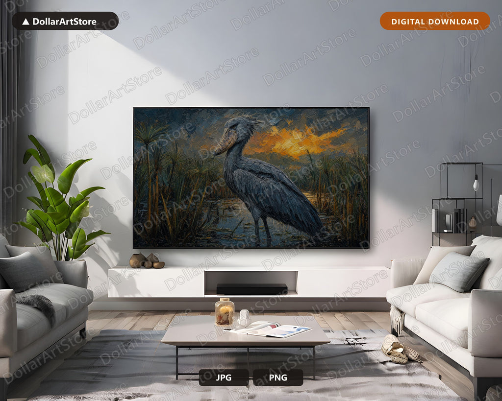 Cozy African Wildlife Frame TV Art, Shoebill Wetland Scenery Samsung Frame TV Digital Download 4K