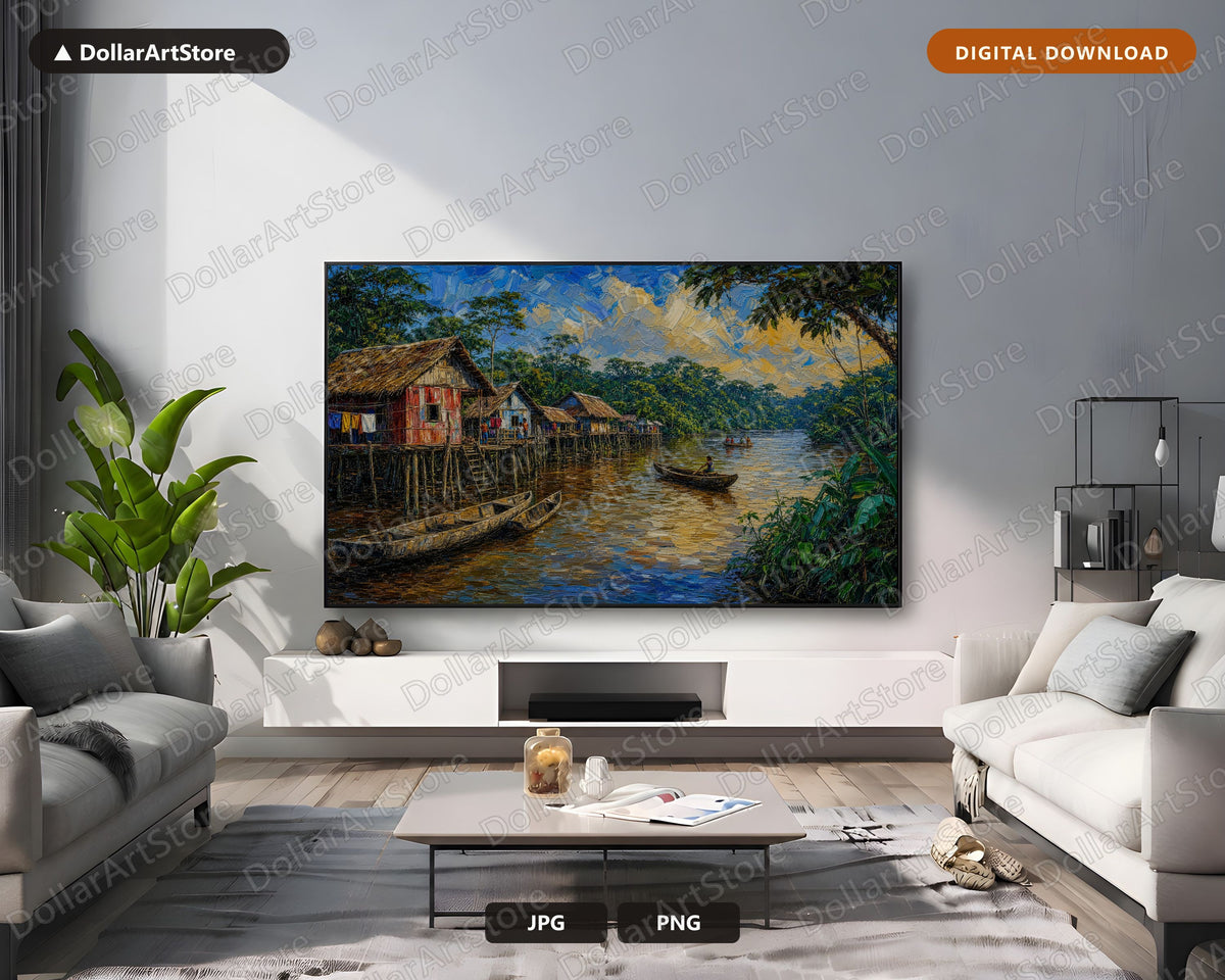 Cozy Tropical River Village Frame TV Art, Samsung Frame TV Digital Download, 4K Textured Scenery