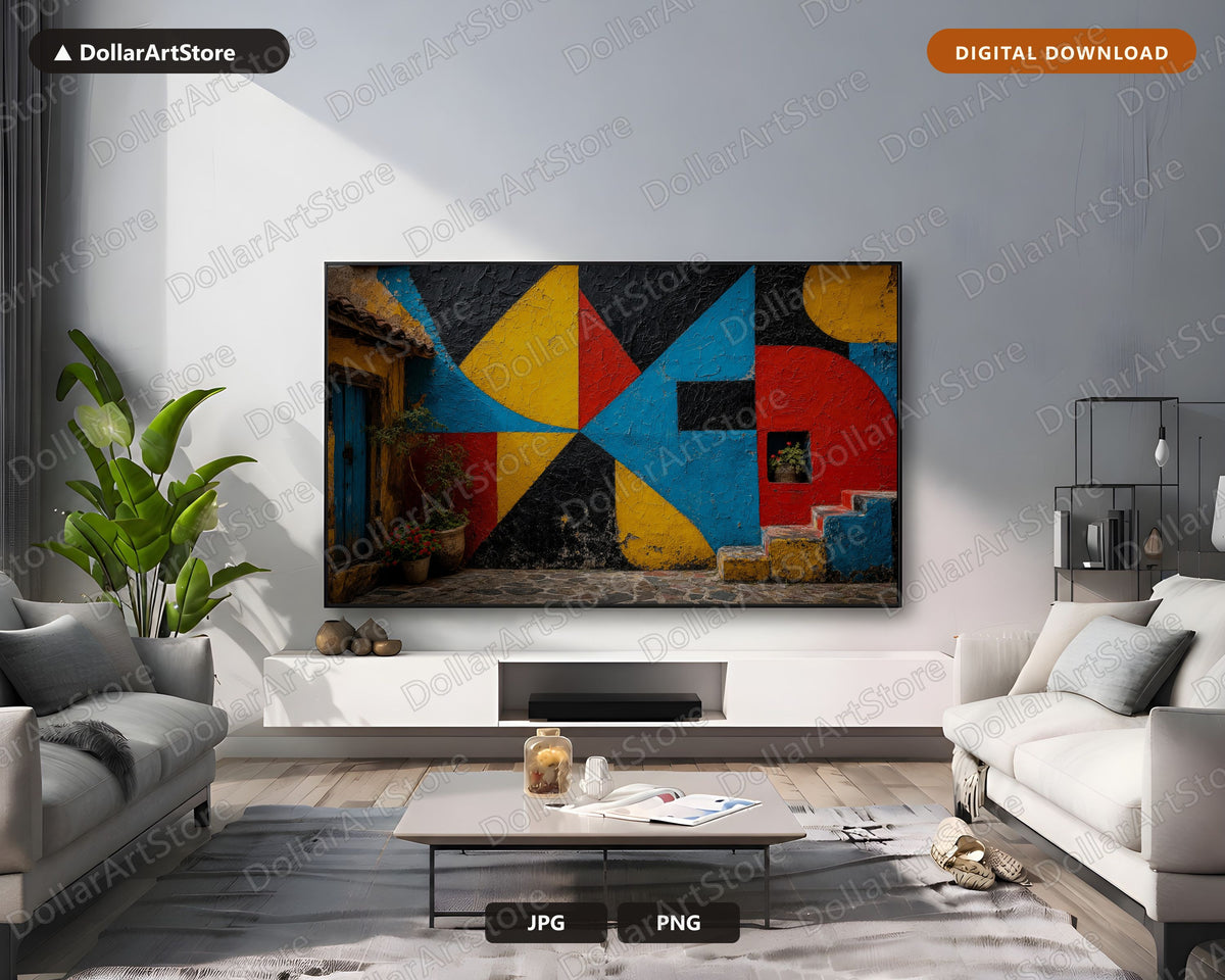 Colorful Geometric Wall Frame TV Art, Textured African Architecture, 4K Samsung Frame TV Digital Download