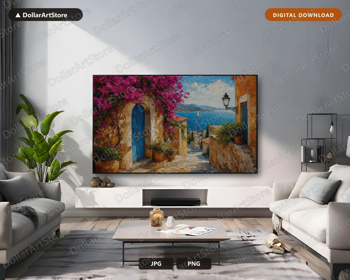 Cozy Mediterranean Frame TV Art, Textured Coastal Scenery, Samsung Frame TV Digital Download 4K