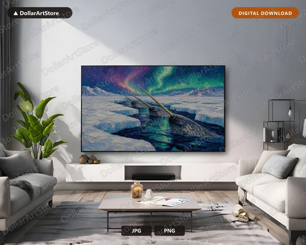 Cozy Arctic Narwhal in Polar Aurora Frame TV Art