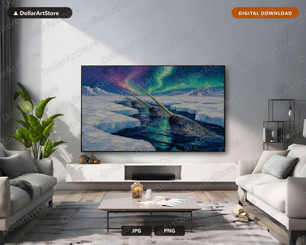 Cozy Arctic Narwhal in Polar Aurora Frame TV Art