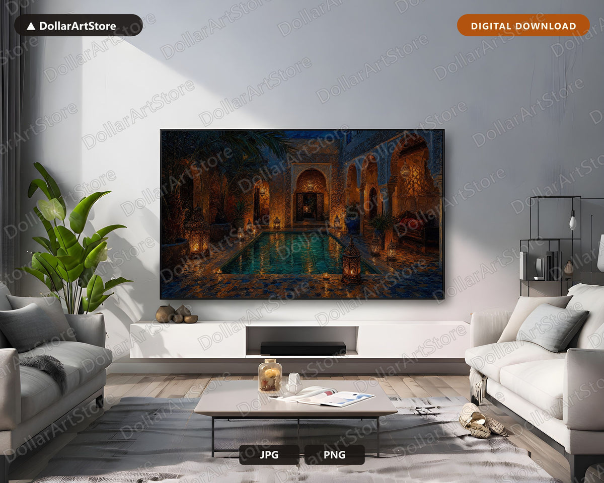 Cozy Moroccan Riad Courtyard Frame TV Art, Candlelit 4K Samsung Frame TV Digital Download