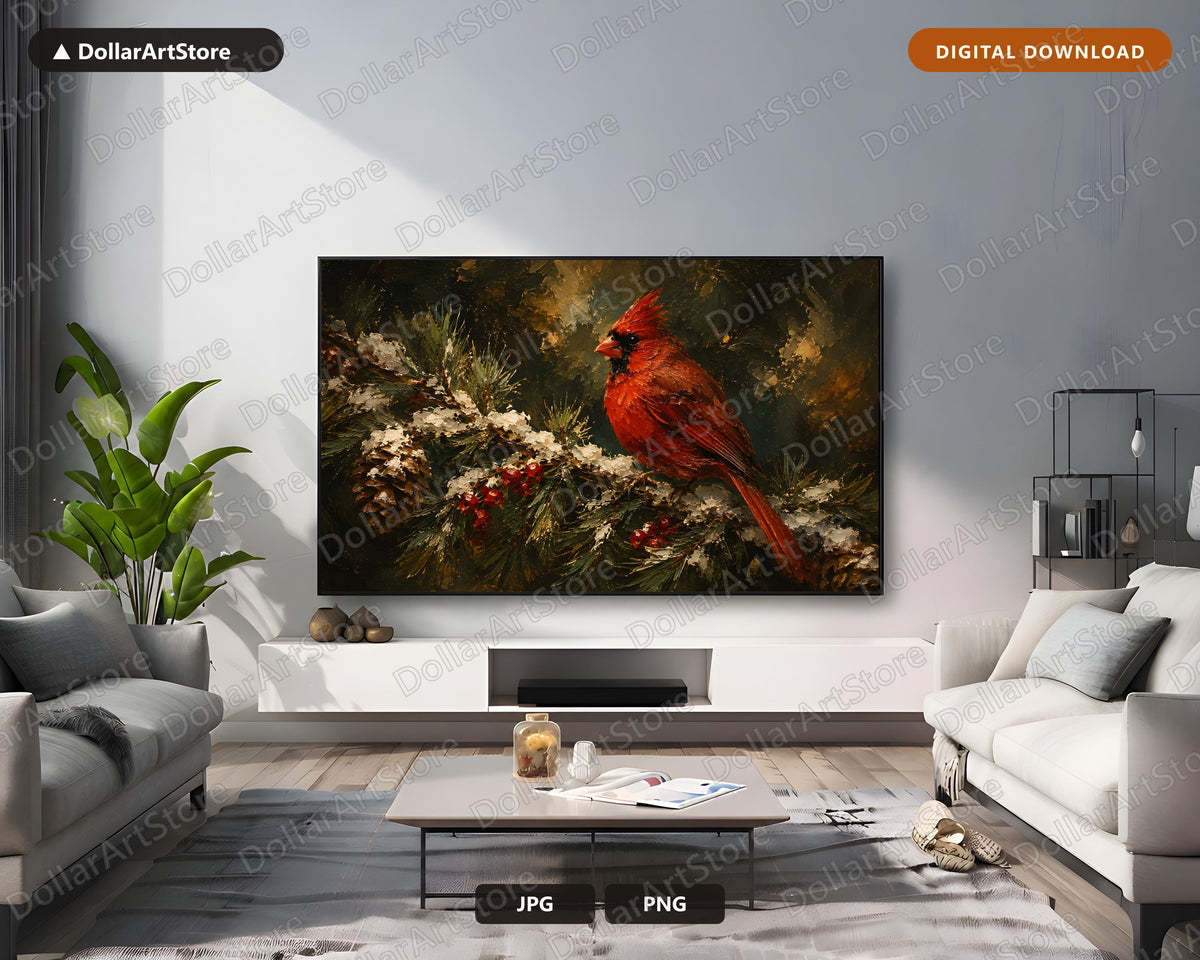 Cozy Holiday Cardinal Frame TV Art, Samsung Frame TV Digital Download, 4K Textured Winter Screensaver