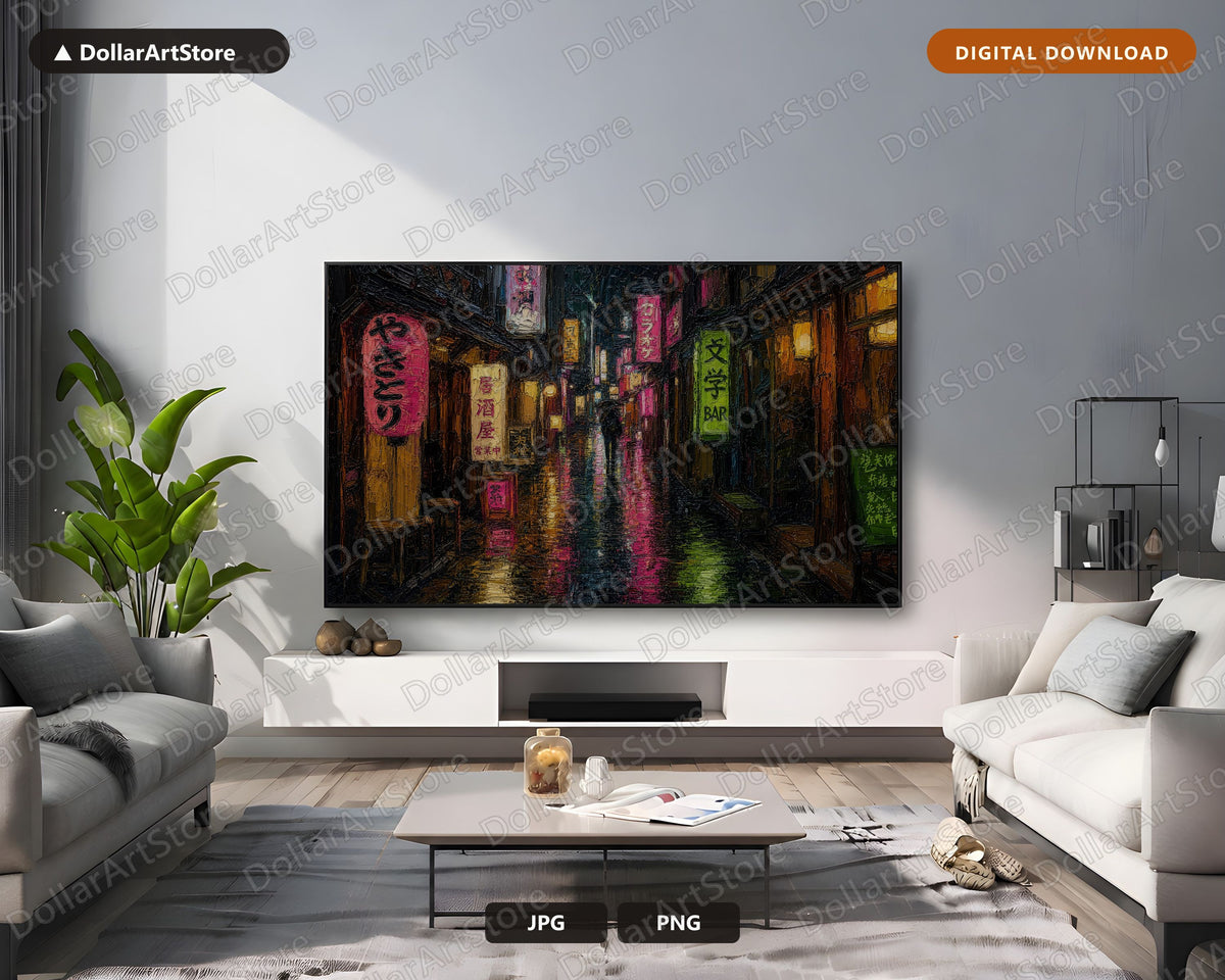Moody Neon Street Frame TV Art, Dark Urban Scenery Samsung TV Download, Cozy Rainy East Asia 4K