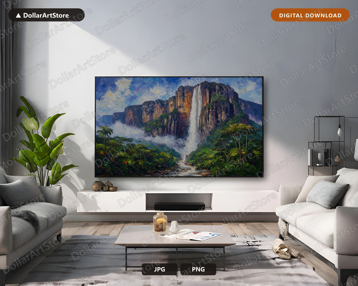 Cozy Tropical Waterfall Scenery Frame TV Art, Samsung Frame TV Digital Download, 4K Textured Landscape Art
