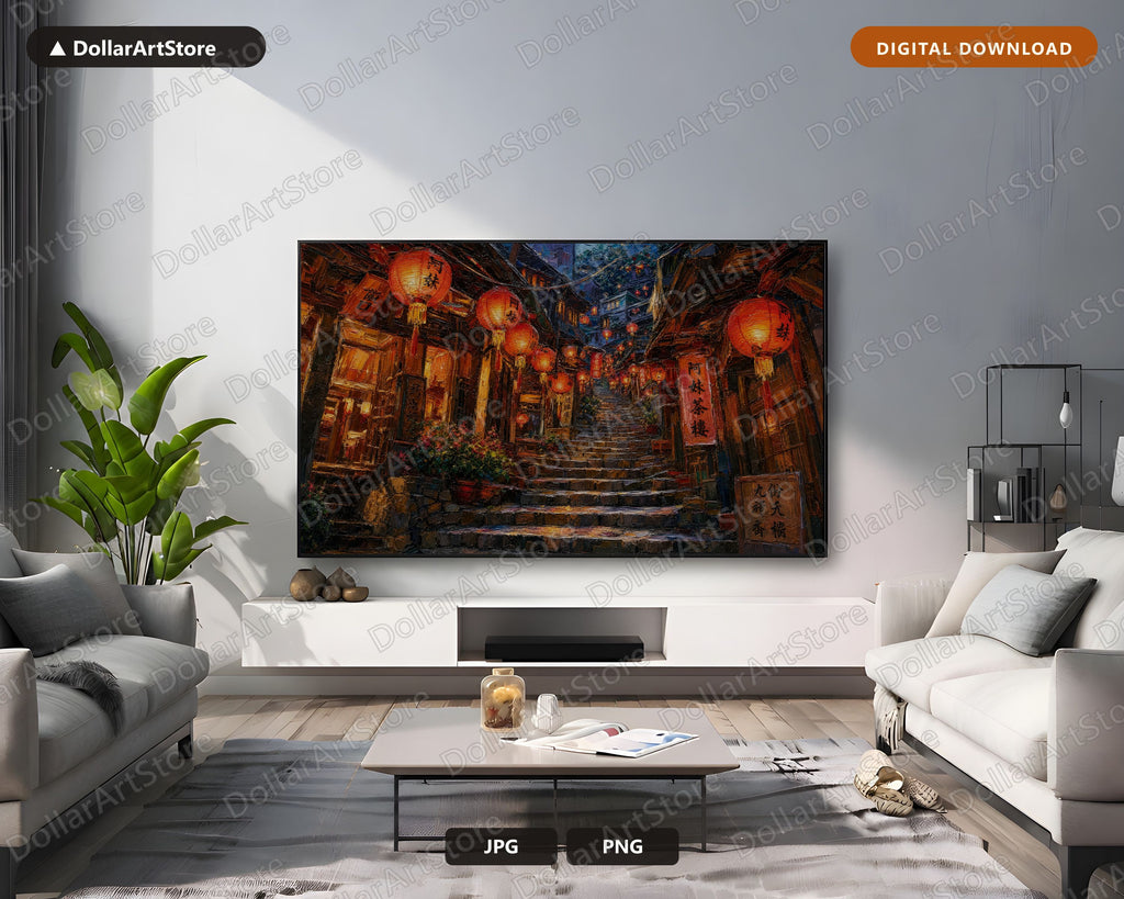 Cozy East Asia Lantern Alley Frame TV Art, Samsung Frame TV 4K Digital Download, Textured Night Scenery