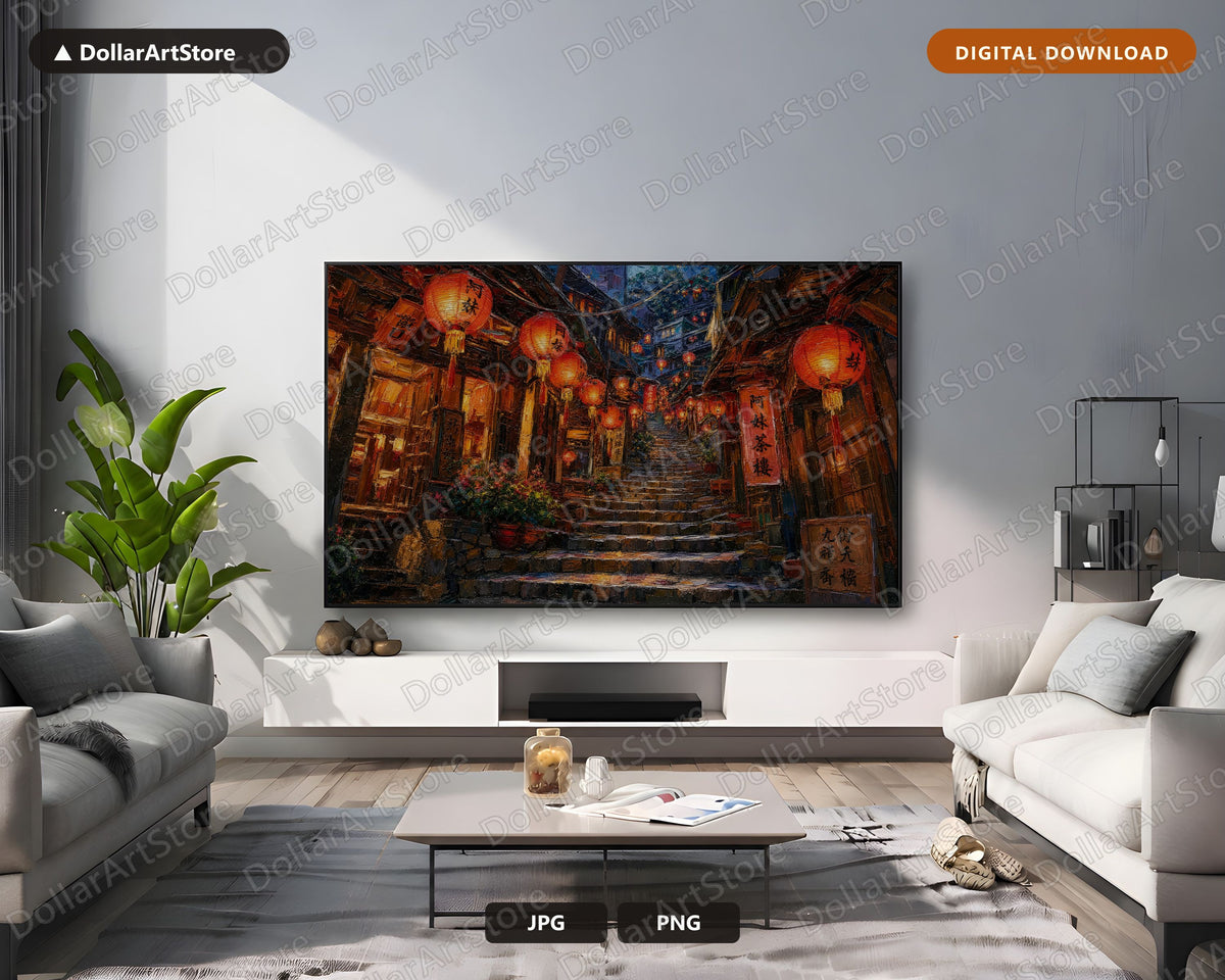 Cozy East Asia Lantern Alley Frame TV Art, Samsung Frame TV 4K Digital Download, Textured Night Scenery