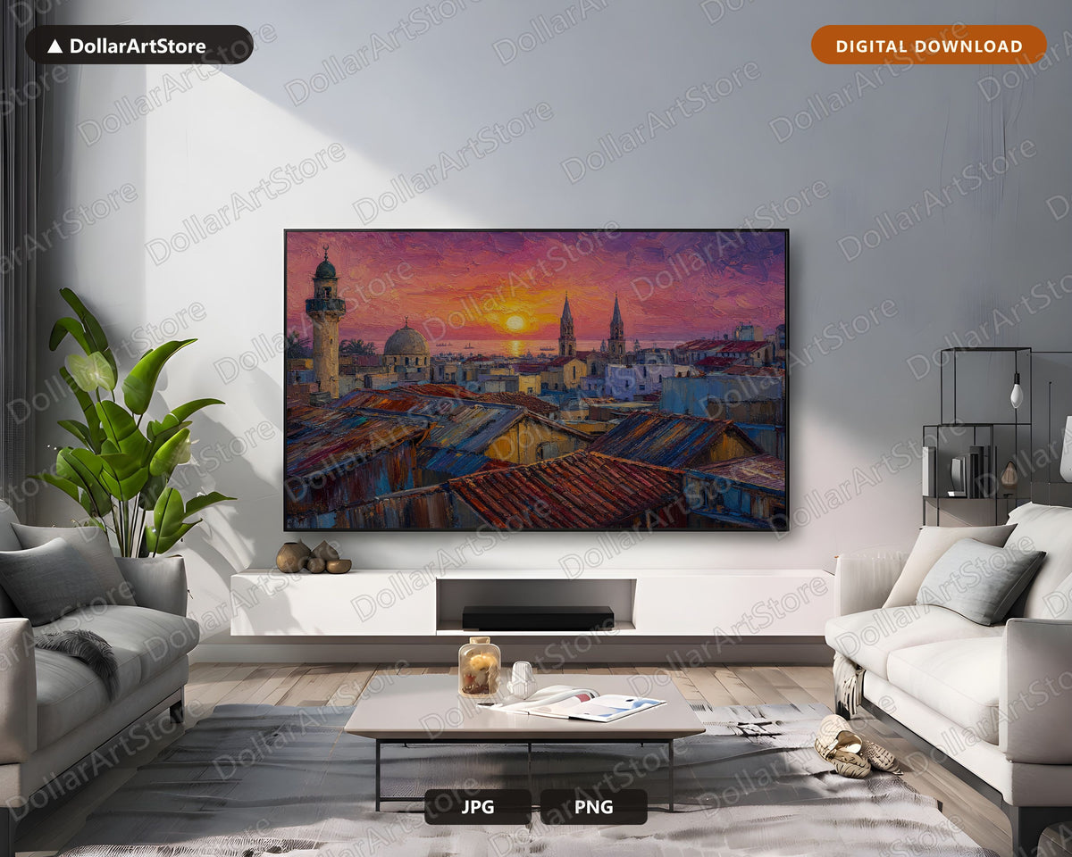 Cozy Textured Sunset Frame TV Art, African Cityscape Samsung Frame TV Digital Download 4K