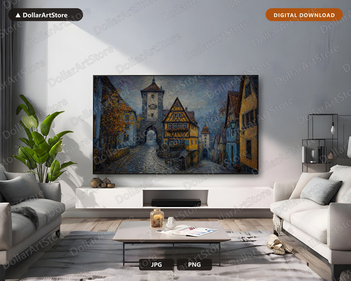 Cozy Medieval European Town Frame TV Art, Samsung Frame TV Digital Download, 4K Textured Scenery