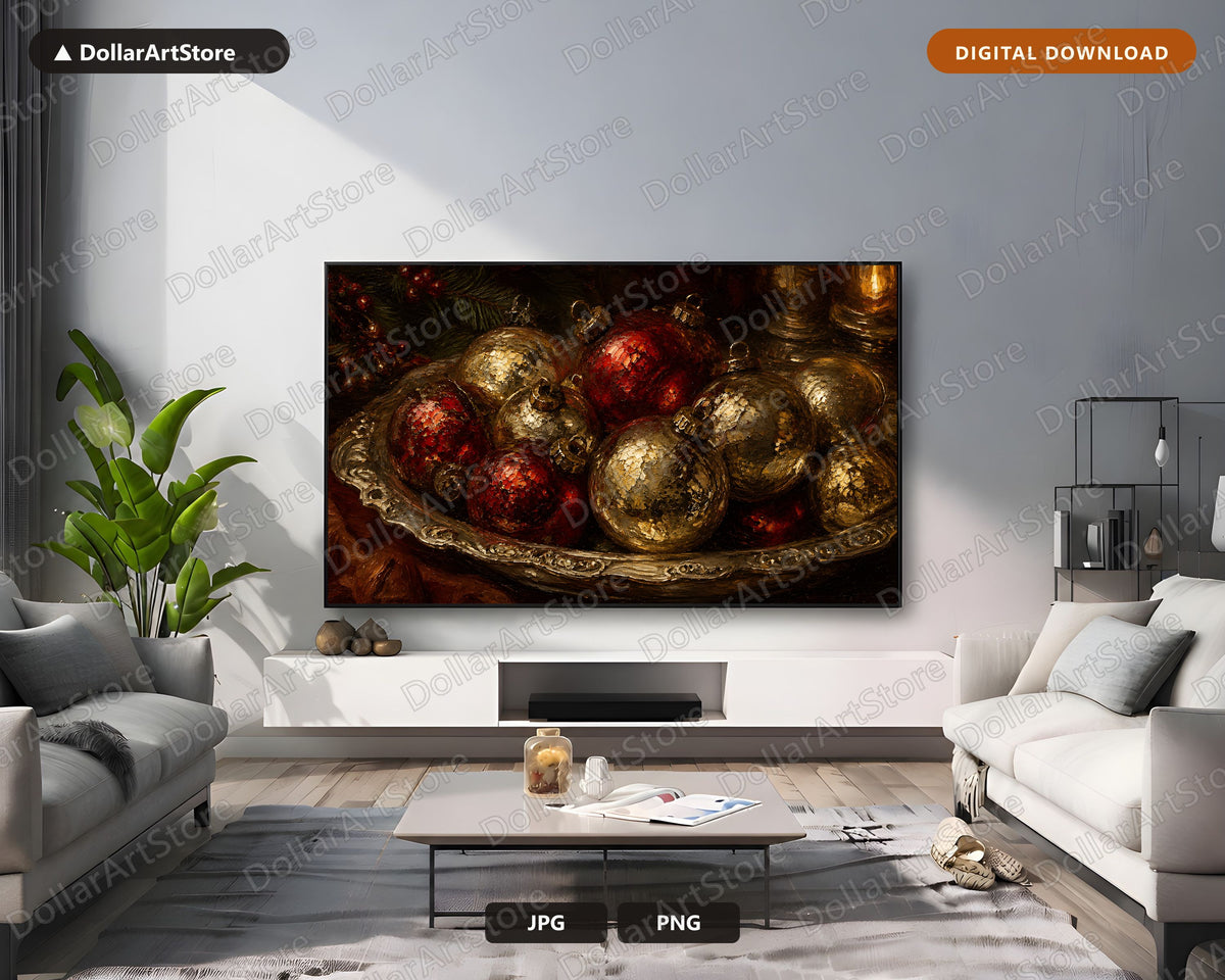 Cozy Christmas Frame TV Art, Red Gold Ornaments Evergreen Holiday Decor