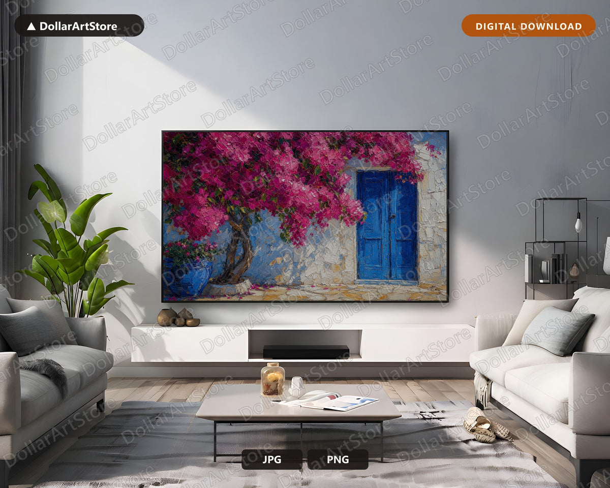 Cozy Mediterranean Bougainvillea Frame TV Art, Samsung Frame Digital Download, 4K Textured Coastal Screensaver