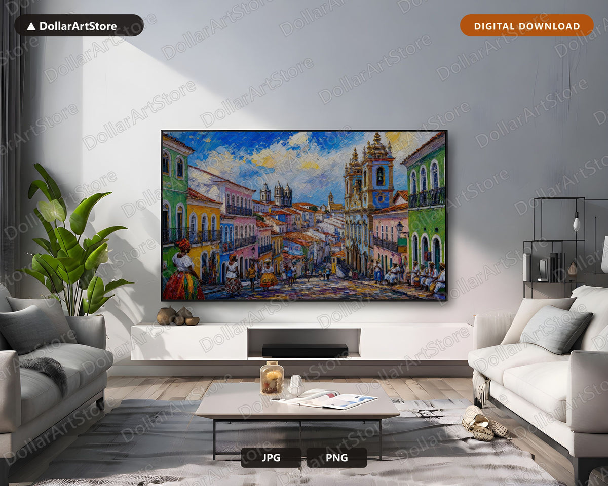 Cozy Colonial Street Frame TV Art, Samsung Frame TV Digital Download, Vibrant Textured Americas Scenery