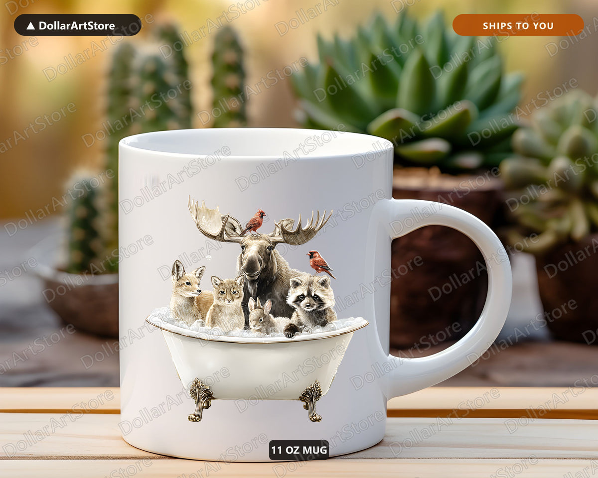 Wildlife Bathtub Mug, Forest Animals Coffee Mug, Moose Woodland Gift