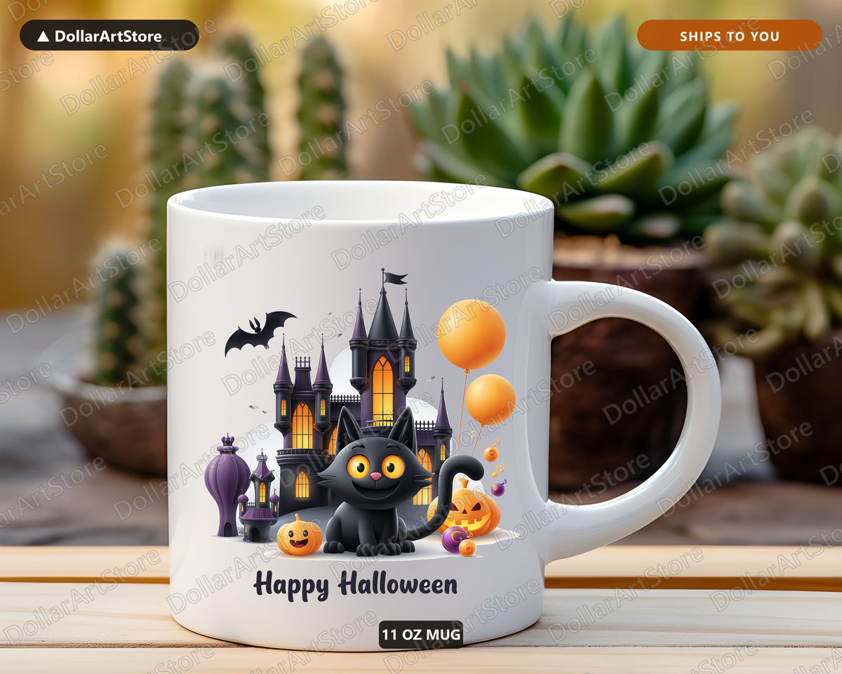 Happy Halloween Black Cat Mug, Haunted Castle Coffee Mug, Fall Ceramic Mug Gift