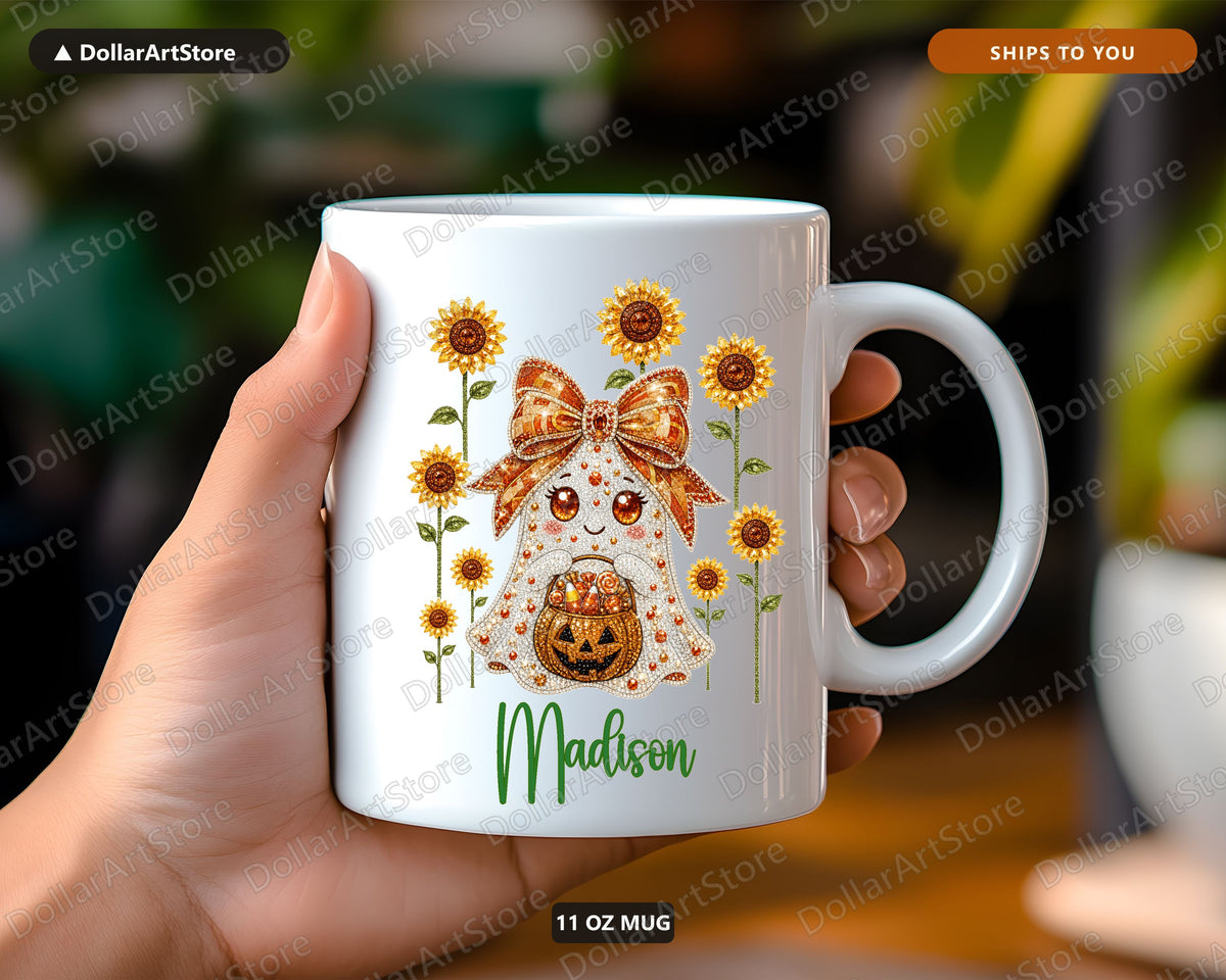 Personalized Halloween Mug, Sunflower Ghost Coffee Mug, Custom Name Mug