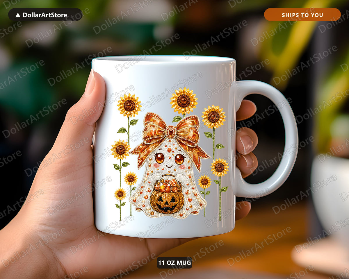 Harvest Ghost Coffee Mug, Sunflower & Pumpkin Fall Ceramic Mug, Halloween Gift