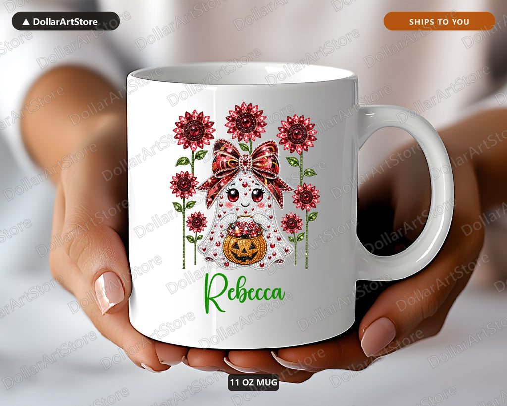 Ruby Ghost Mug with Sunflowers, Personalized Halloween Ceramic Mug, Fall Gift