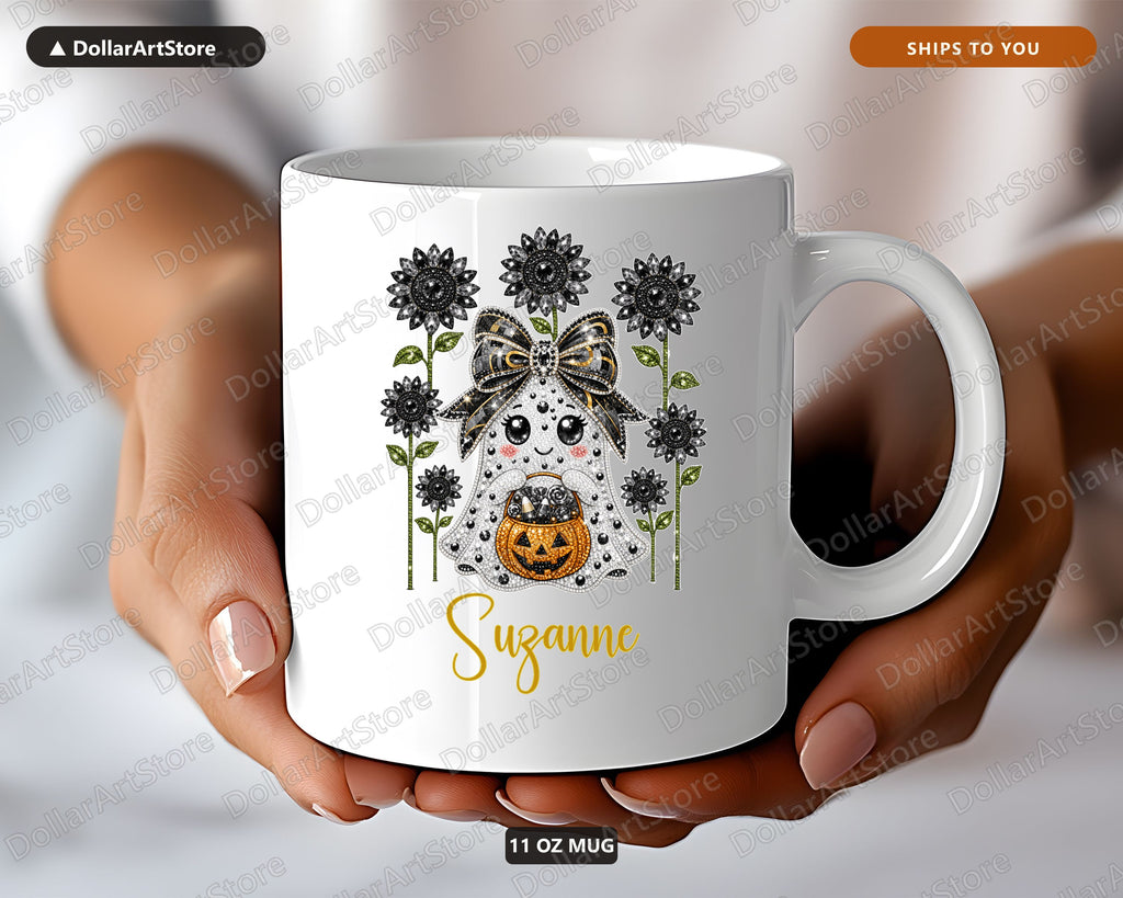 Rhinestone Ghost Sunflower Mug, Halloween Coffee Mug, Personalized Fall Gift