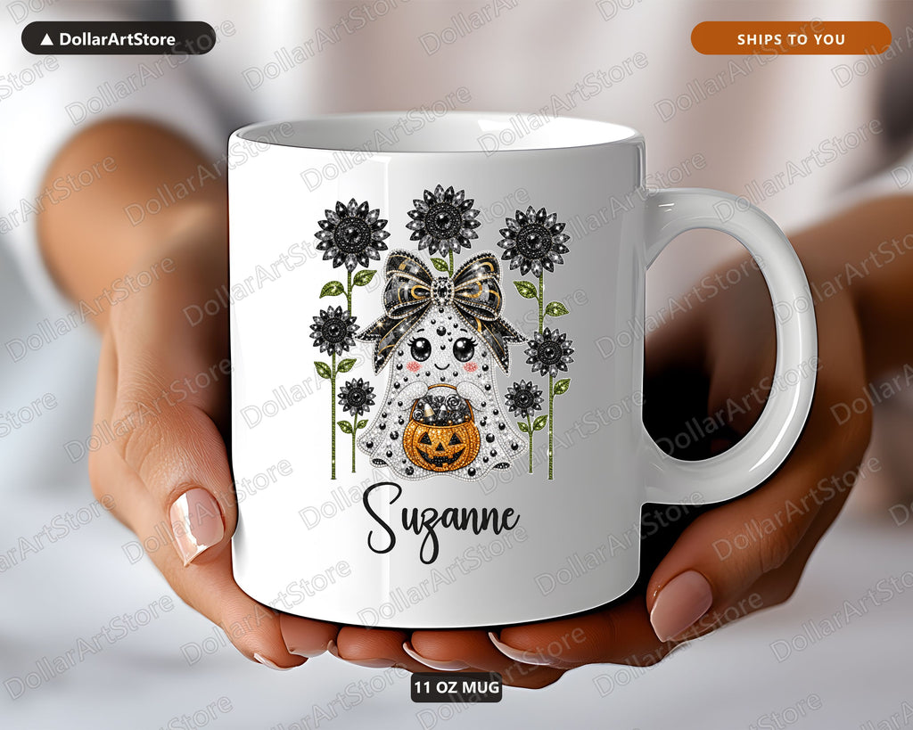 Bling Ghost Sunflower Mug, Halloween Coffee Mug, Personalized Gift for Her