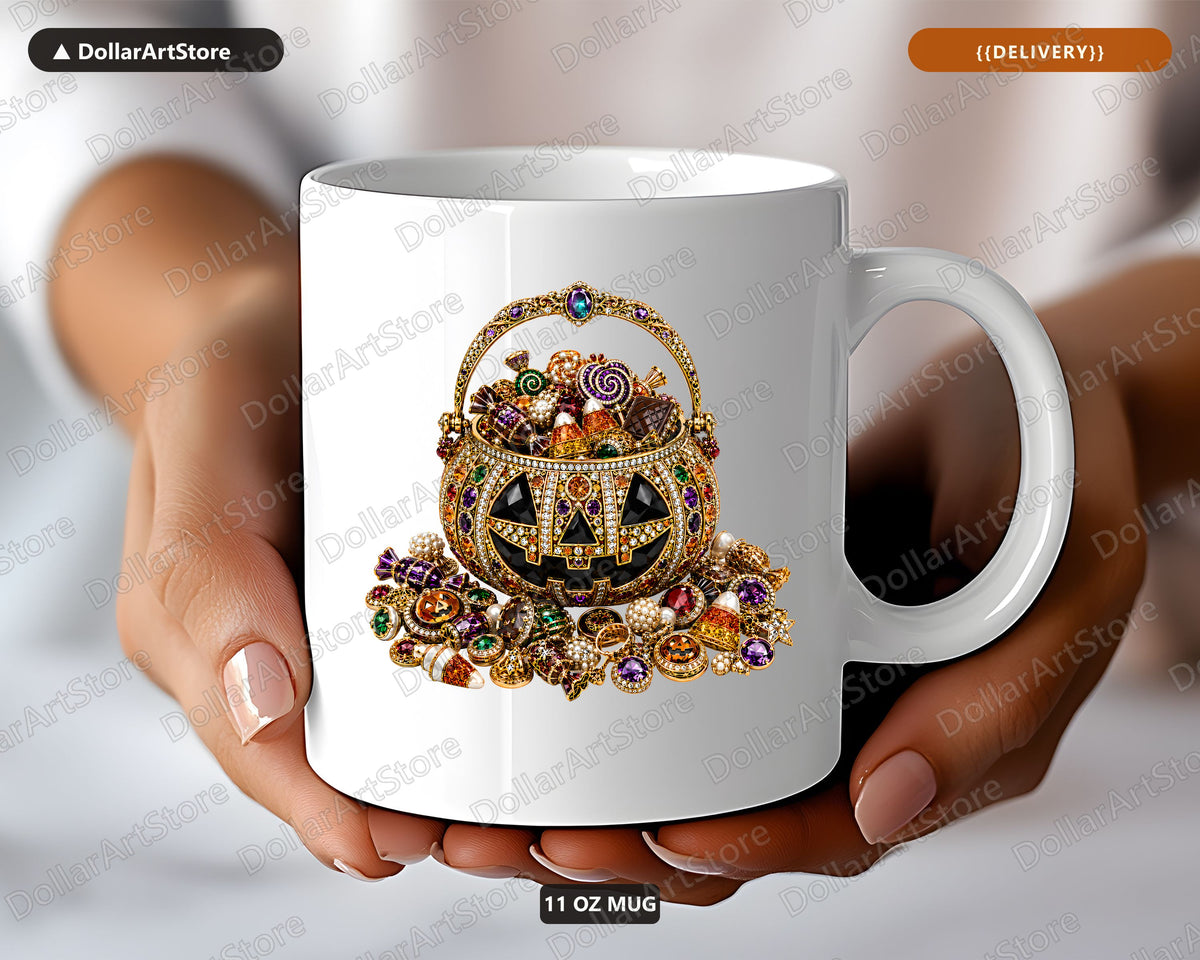Jeweled Pumpkin Mug, Ornate Halloween Coffee Mug, Gemstone Basket Design