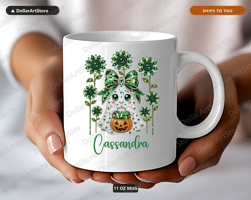 Cassandra Glitter Ghost Halloween Mug, Sunflower Coffee Mug, Fall Gift