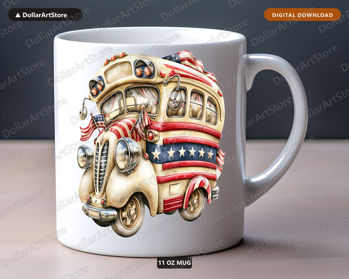 Vintage RV Camper American Flag Mug, Patriotic Coffee Mug Gift