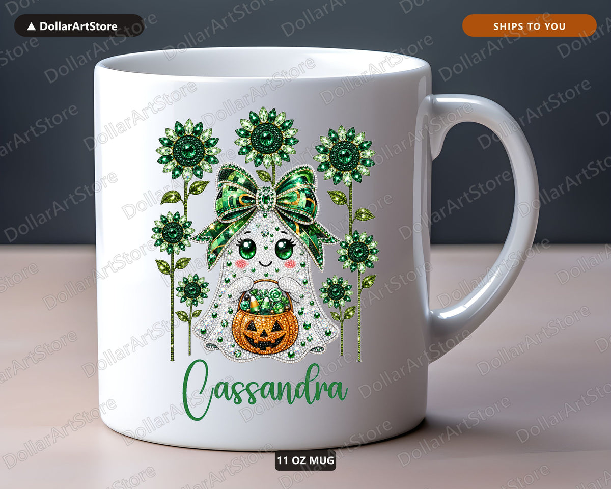 Cassandra Ghost Mug, Emerald Rhinestone Halloween Ceramic Mug, Fall Gift