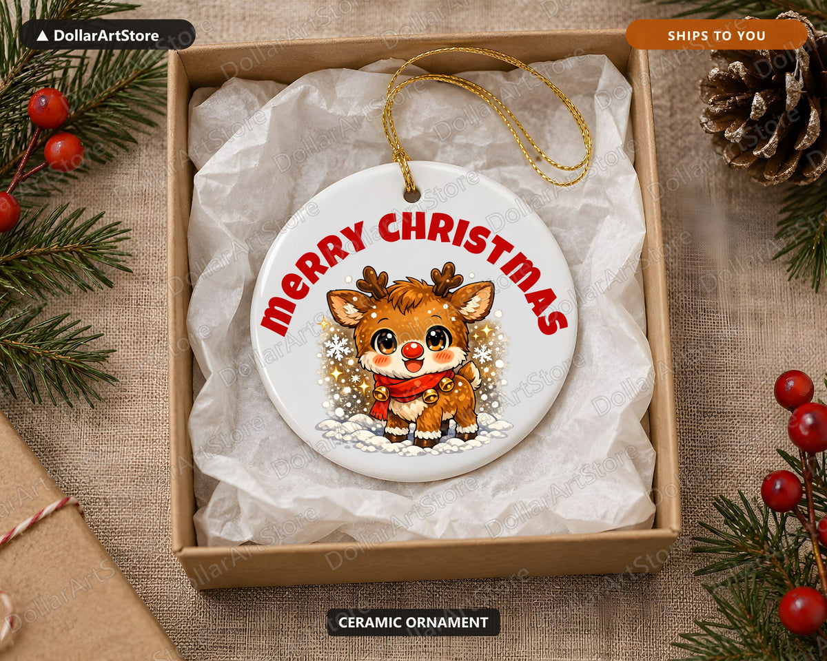 Cute Reindeer Christmas Ornament, Ceramic Holiday Keepsake Gift