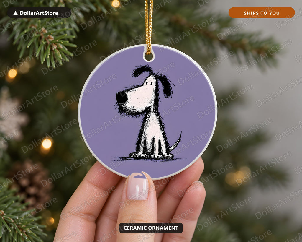 Whimsical Dog Doodle Christmas Ornament, Ceramic Tree Ornament, Holiday Gift
