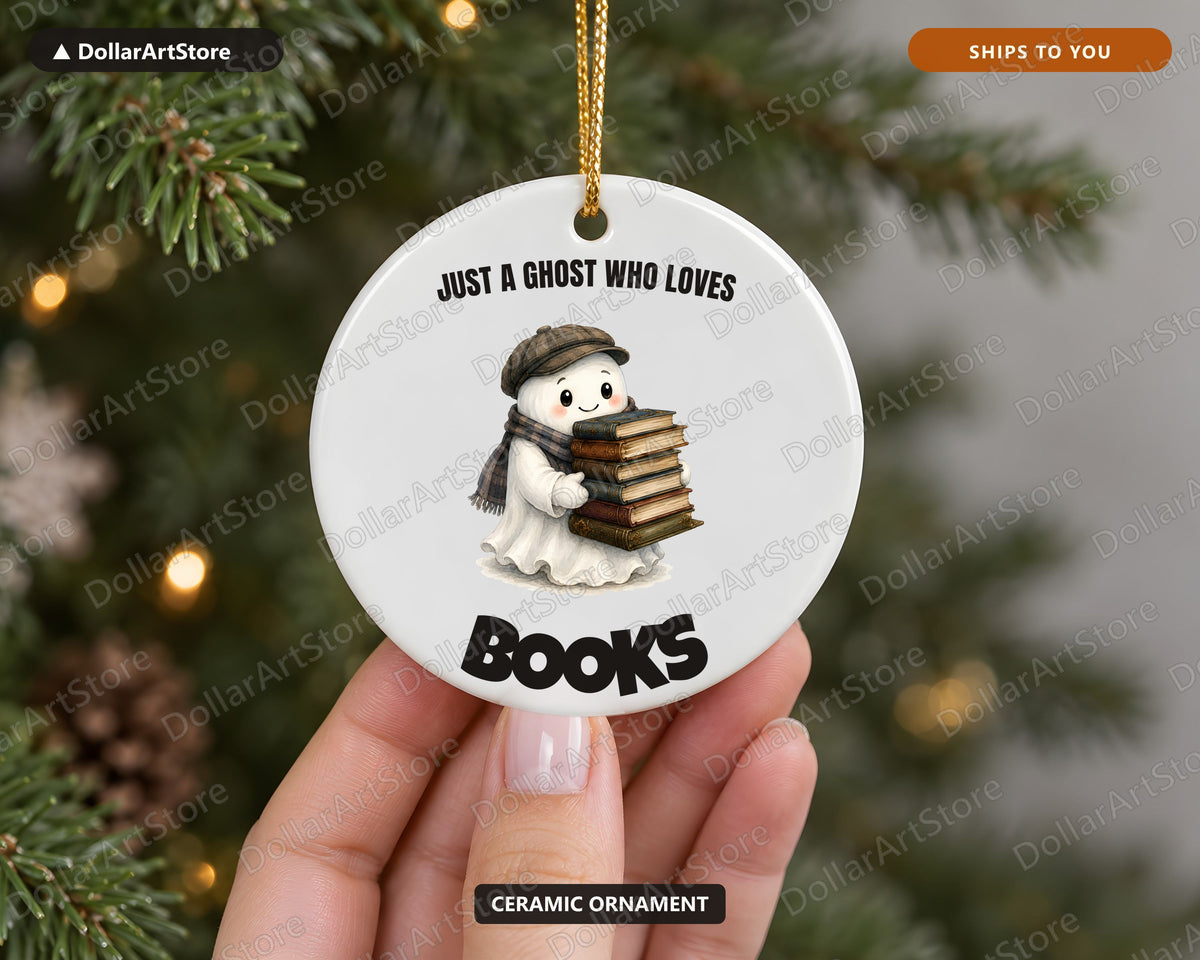 Bookish Ghost Ceramic Christmas Ornament, Literary Holiday Gift