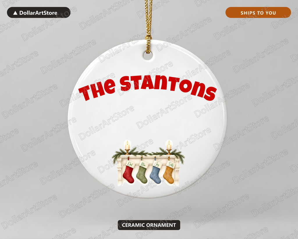 Holiday Mantel with Stockings Christmas Ornament, Ceramic Tree Ornament, Family Keepsake Gift