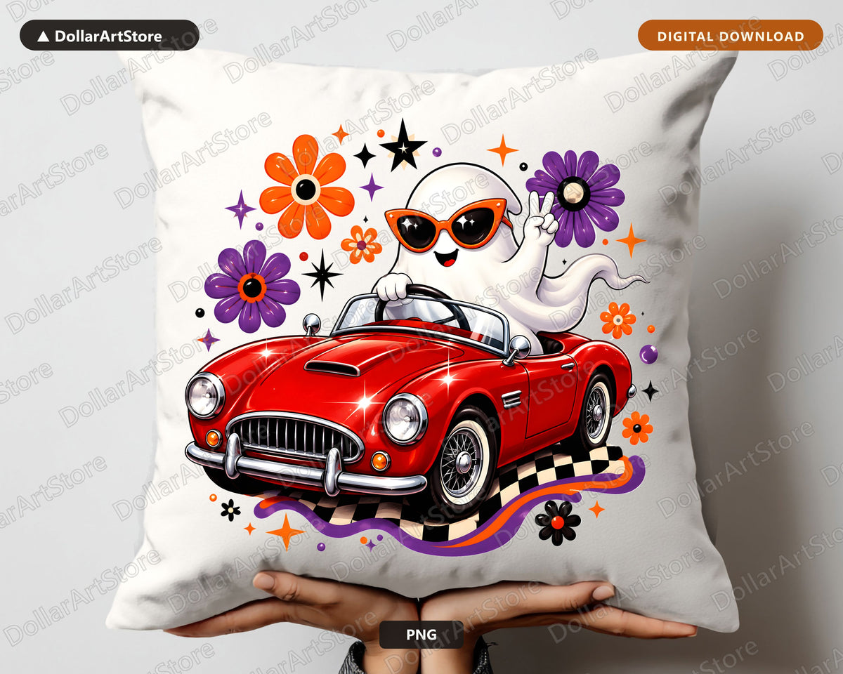 Cute Halloween Ghost PNG, Retro Car Design, Sublimation Digital Download
