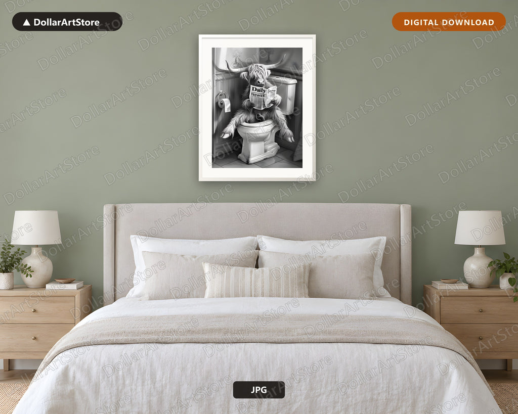 Highland Cattle Reading Newspaper Printable Wall Art, Funny Bathroom Decor