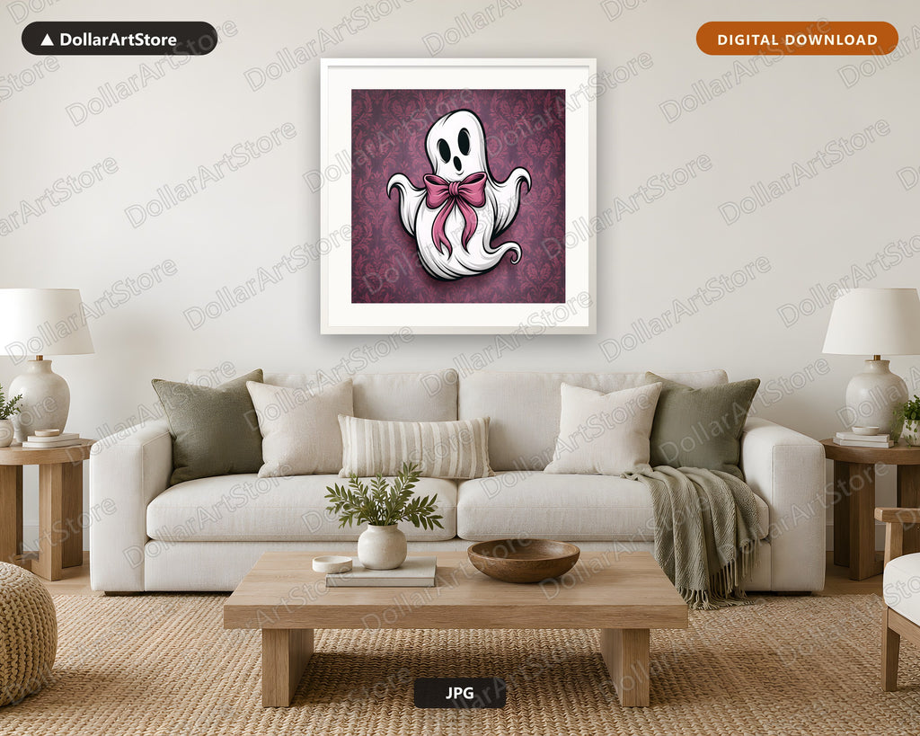 Cute Coquette Ghost Pink Bow Printable Wall Art Digital Download