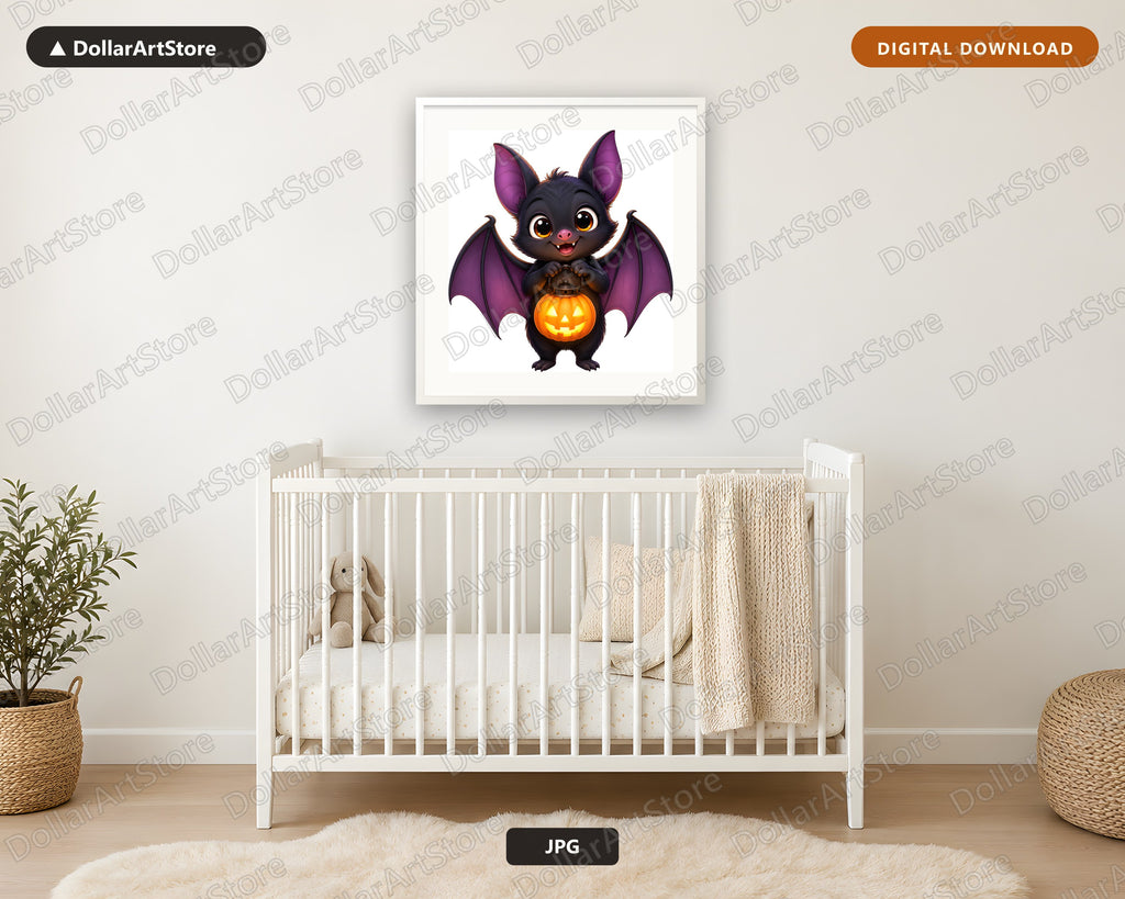Cute Bat with Jack-o-Lantern Printable Wall Art Digital Download