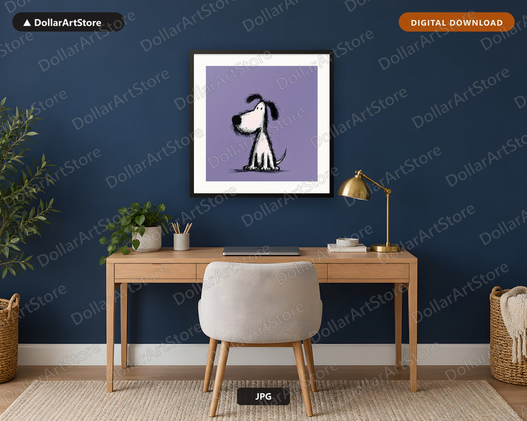 Simple Dog Doodle Sketch Black & White Purple Background Digital Download