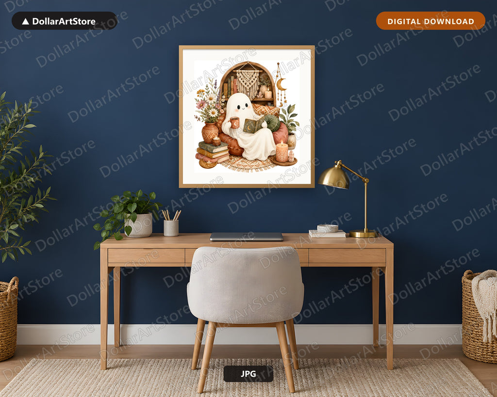 Reading Boho Ghost Watercolor Printable Wall Art Digital Download