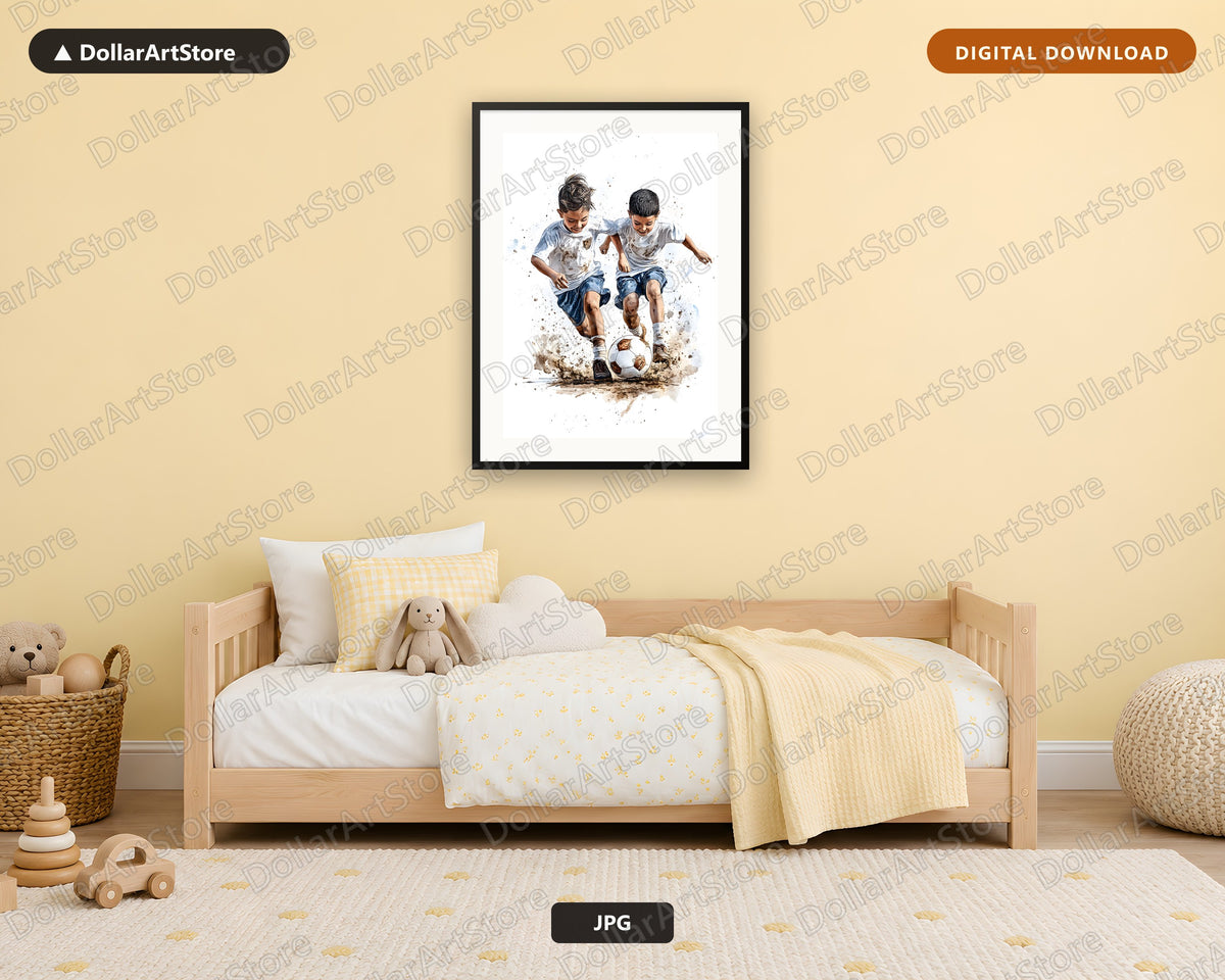 Boys Playing Soccer Watercolor Art | Printable Wall Art Digital Download