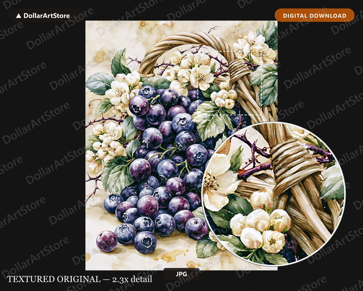 Blueberries Watercolor Floral Basket Printable Wall Art