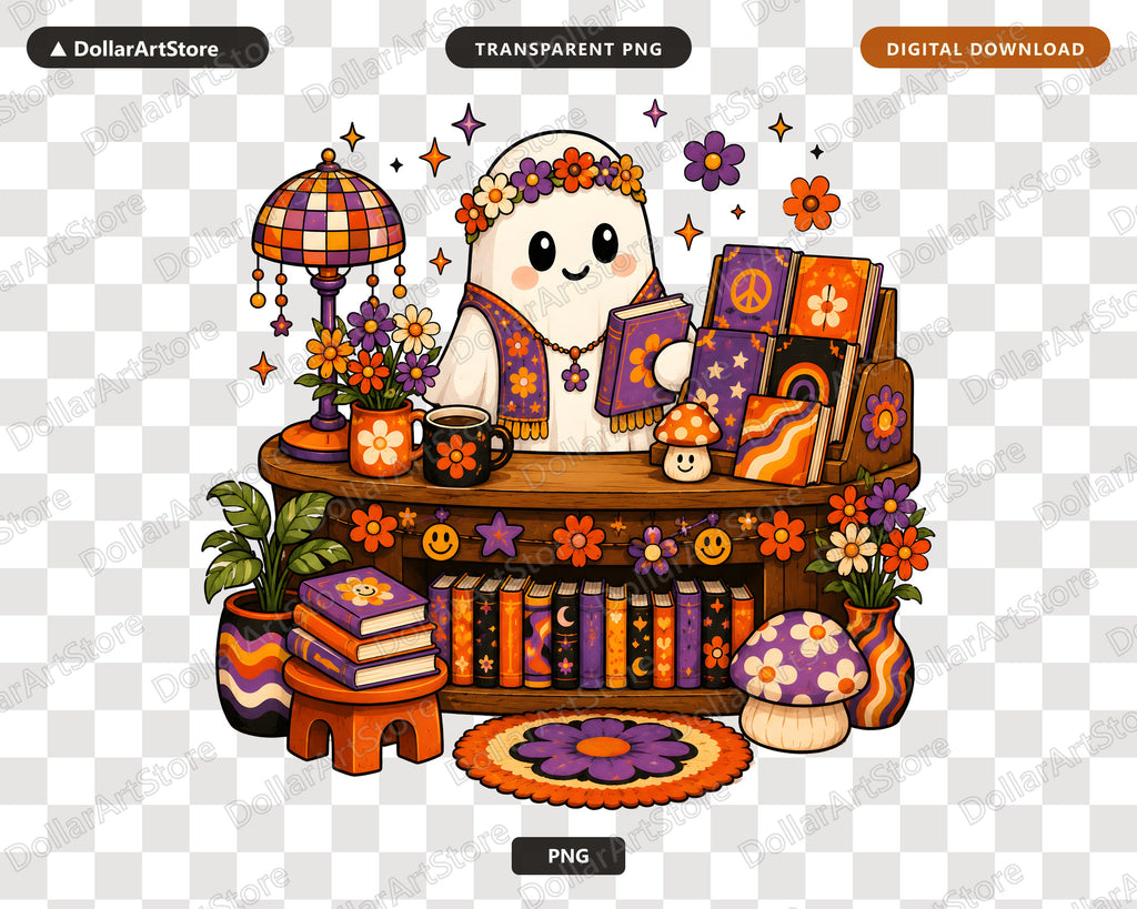 Groovy Bookish Ghost PNG, Sublimation Design, Retro Shirt Design Digital Download