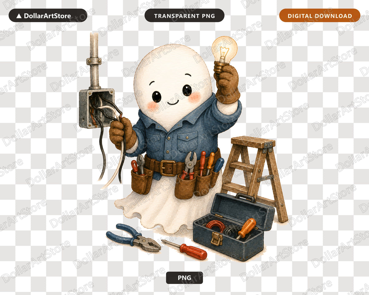 Cute Ghost Electrician PNG, Sublimation Design, Shirt Print Digital Download