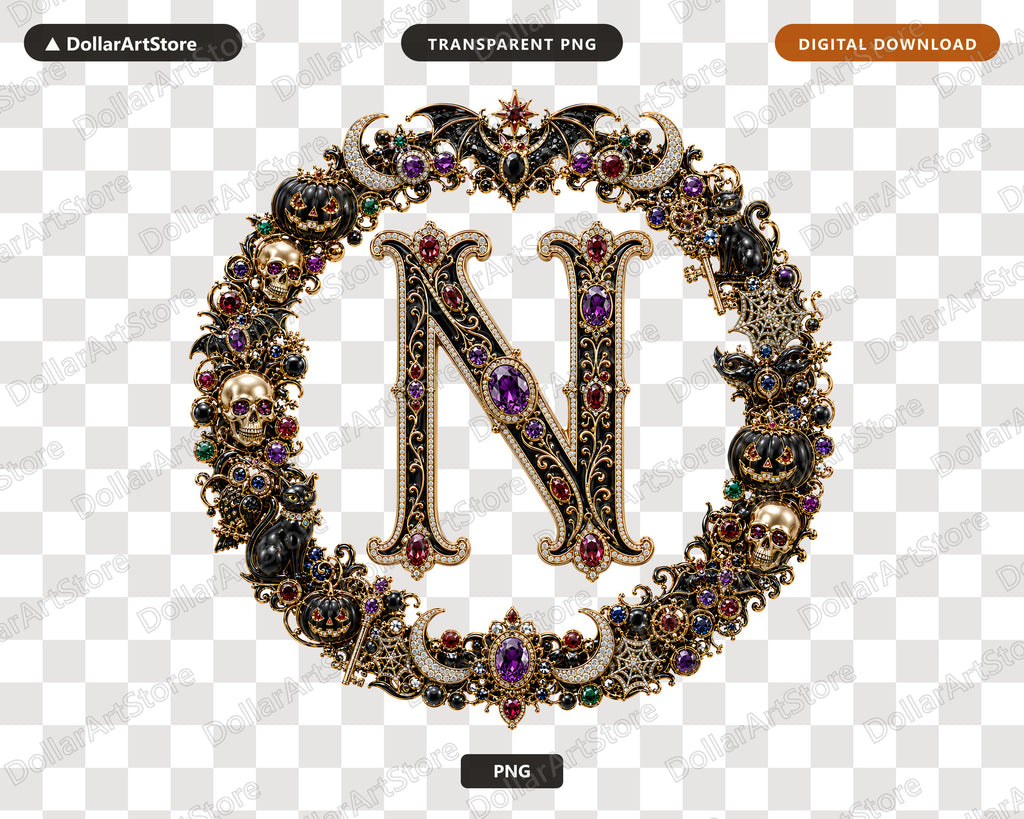 Halloween Monogram PNG N, Gothic Ornate Letter Design, Sublimation Shirt Download
