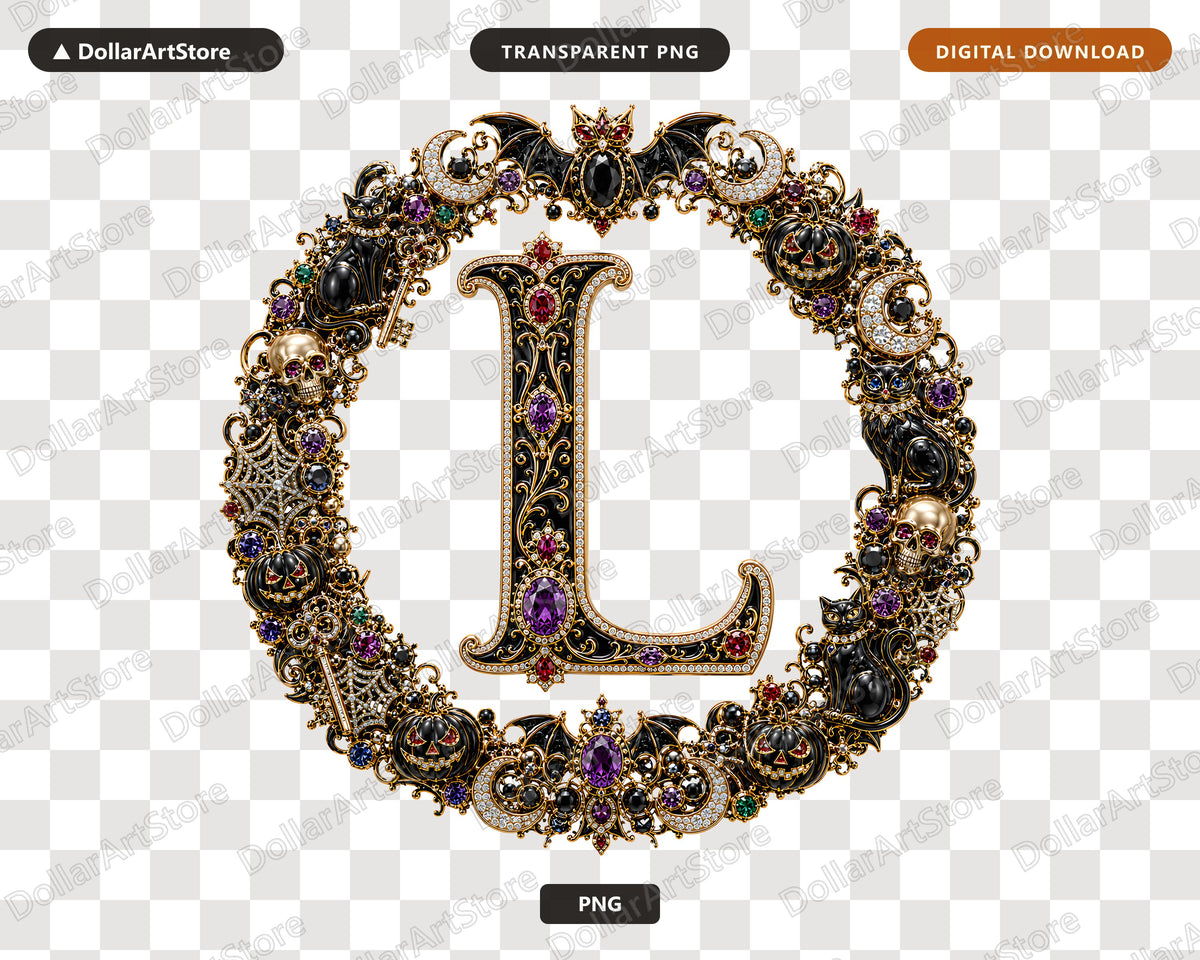 Halloween Monogram L PNG, Gothic Ornate Letter, Sublimation Design Digital Download